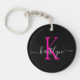 Zwarte Hot Pink Naam Initiaal Monogram Sleutelhanger