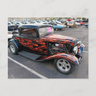 Zwarte Hot Rod Met Vlammen Briefkaart
