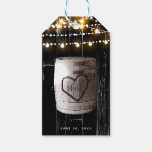 Zwarte houten slingerlichten & vat rustieke bruilo cadeaulabel