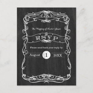 Zwarte houten & witte vintage trouw RSVP kaart