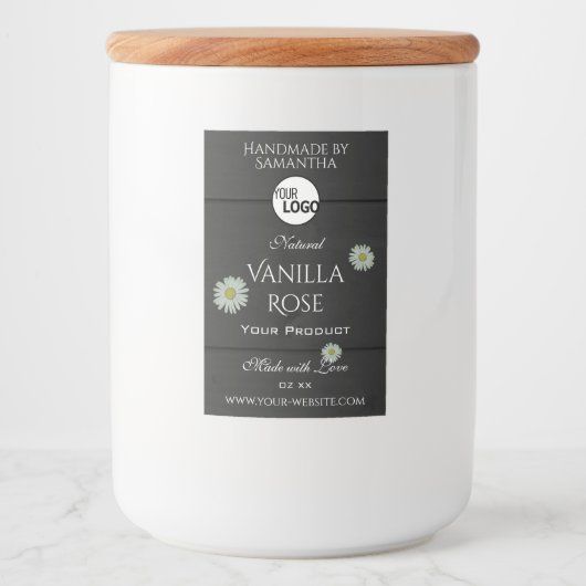 Zwarte houtnerf productlabels bloemendaislogo voedselcontainer etiket (Voorkant)