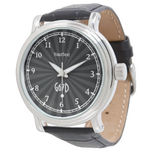Zwarte houtskool Sunburst wijzerplaat tekst en mon Horloge