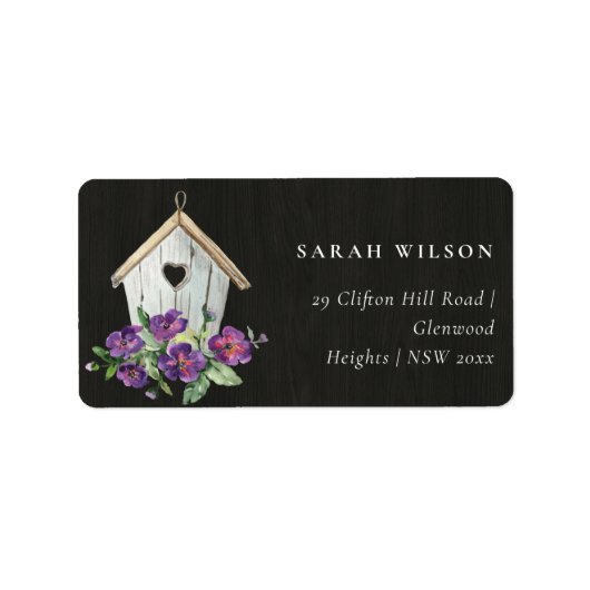 ZWARTE HOUTTIMMER RUSTIC FLORAL BIRD HOUSE ADRES ETIKET (Voorkant)