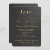 Zwarte Huwelijksuitnodiging met Glanzende Gouden F Kaart (Voorkant / Achterkant)