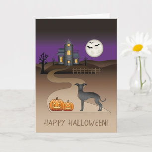 Zwarte Iggy Schattige Hond En Halloween Spokenhuis Kaart