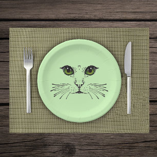 zwarte illustratie van Cat Face Green Eyes Whisker Papieren Bordje