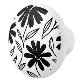 Zwarte inkt Daisies White Boho Keramische Knop