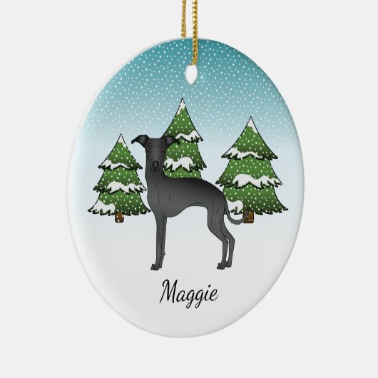 Zwarte Italiaanse dolfijnen in een winterbos Keramisch Ornament (Rechts)