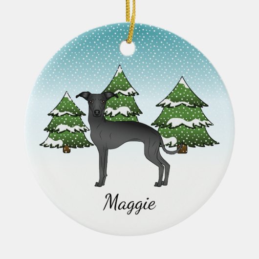 Zwarte Italiaanse dolfijnen in een winterbos Keramisch Ornament (Voorkant)