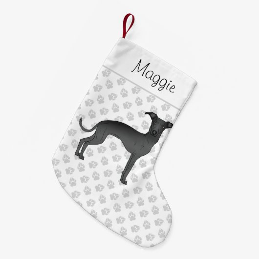 Zwarte Italiaanse Grenshond met aangepaste naam Kleine Kerstsok (Voorkant (Hangend))