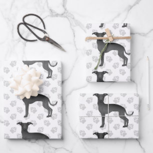 Zwarte Italiaanse Greyhound Cartoonhonden Met Poot Inpakpapier Vel