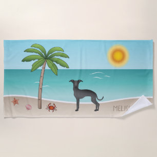 Zwarte Italiaanse Greyhound op Tropisch Zomerstran Strandlaken