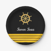 Zwarte jachtboot naam goud stuurwiel strepen papieren bordje (Voorkant)