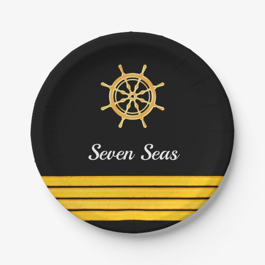 Zwarte jachtboot naam goud stuurwiel strepen papieren bordje (Voorkant)
