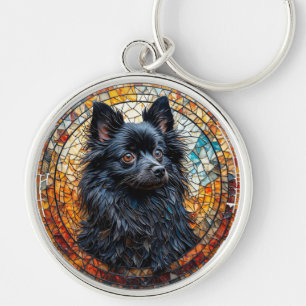 Zwarte Japanse Spitz Mooie Glas-in-Lood Kunst Sleutelhanger