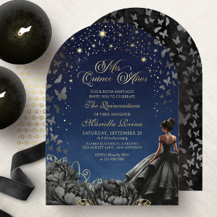 Zwarte jurk hemellichamen Quinceanera Kaart