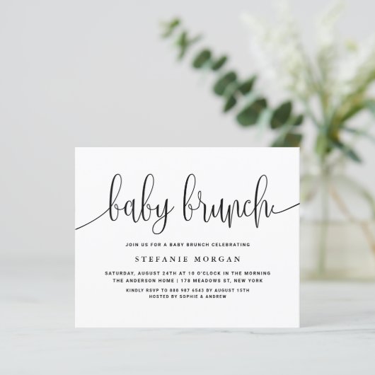 Zwarte kalligrafie Baby Brunch Uitnodiging (Staand voorkant)