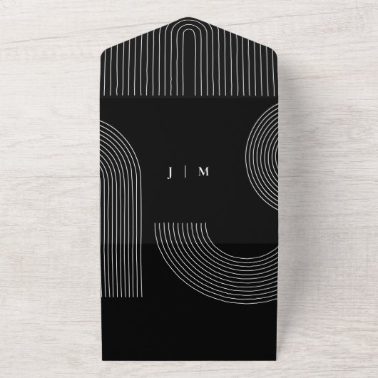 Zwarte kalligrafie Eenvoudige bruiloft geometrisch All In One Uitnodiging (Buitenkant)