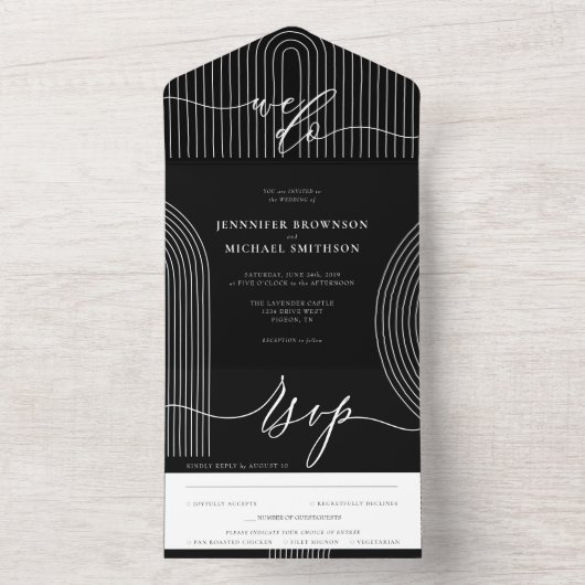 Zwarte kalligrafie Eenvoudige bruiloft geometrisch All In One Uitnodiging (Binnen)