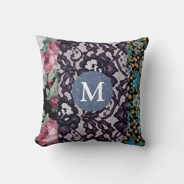 Zwarte kant Bloemen Stof Denim Monogram Kussen (Voorkant)