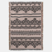 Zwarte kant, openwerk, bruine achtergrond, beige,  deken (Voorkant Verticaal)