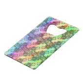 Zwarte kant over pastelregenboog kredietkaart flessenopener (Voorkant Gekanteld)
