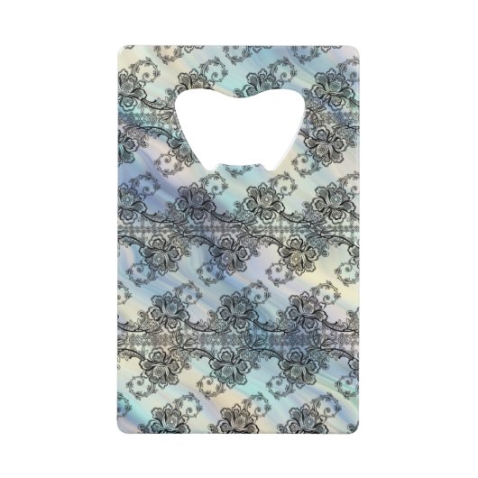 Zwarte kant over pastelstromen kredietkaart flessenopener (Voorkant)