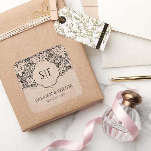  zwarte kant Rustic Burlap bruiloft Vierkante Sticker (Geschenken)