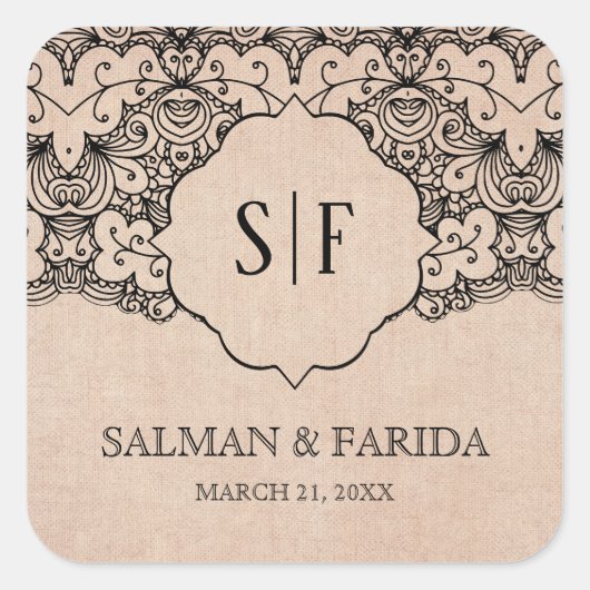  zwarte kant Rustic Burlap bruiloft Vierkante Sticker (Voorkant)