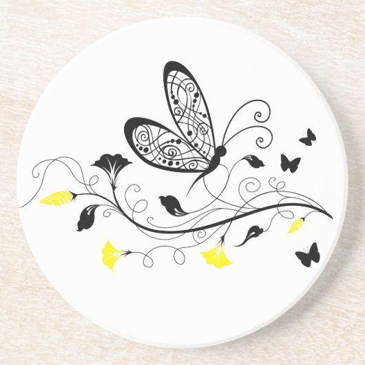 Zwarte kant vlinders 3 zandsteen onderzetter (Voorkant)