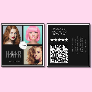 Zwarte Kapsalon Stylist Foto Collage QR Code & Rev Vierkante Visitekaartje