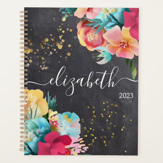 Zwarte karton, Floral Girly, elk jaar Planner (Voorkant)