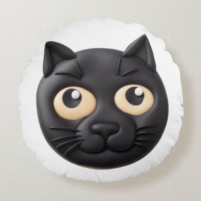 Zwarte Kat 3D Geïnspireerd Rond Kussen (Voorkant)