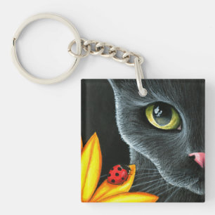 Zwarte Kat 510 lieveheersbeestje gele bloem Sleutelhanger