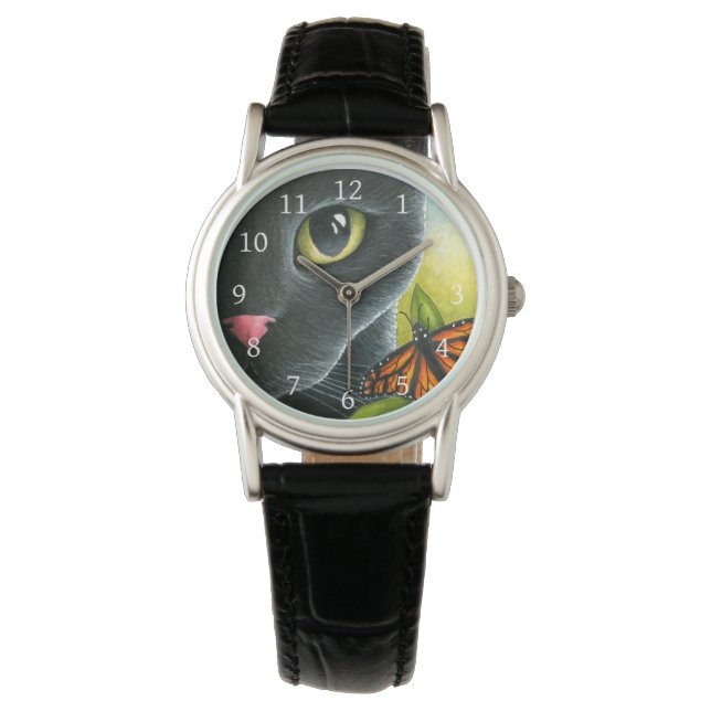 Zwarte kat 555 vlinder horloge (Voorkant)
