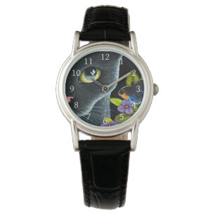 Zwarte Kat 557 Blauwe Vlinder Bloemen Horloge