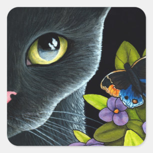 Zwarte Kat 557 Blauwe Vlinder Bloemen Vierkante Sticker