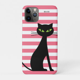 Zwarte Kat & Aangepaste Naam Roze Strepen Modern iPhone 11 Pro Hoesje