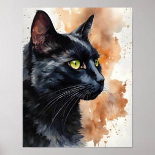 Zwarte Kat Aquarel Elegante Katachtige Muur Kunstp Poster