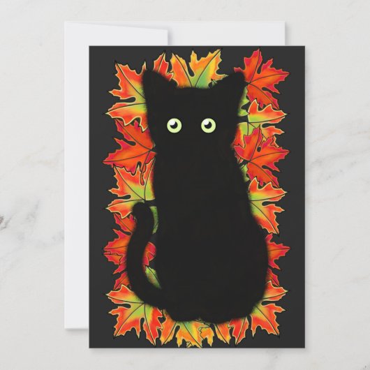 Zwarte kat, Autumn-bladeren patroon, Halloween leu Kaart (Voorkant)