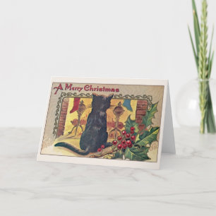  zwarte kat bij Fireplace-kerstkaart Feestdagen Kaart