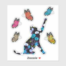 Zwarte kat blauwe bloemen en kleurrijke vlinders sticker