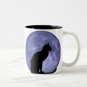 Zwarte kat, blauwe maan tweekleurige koffiemok