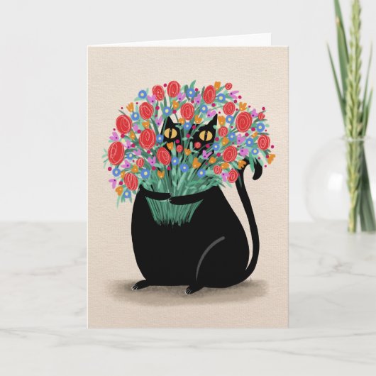 Zwarte kat & bloemen bedankkaart (Voorkant)