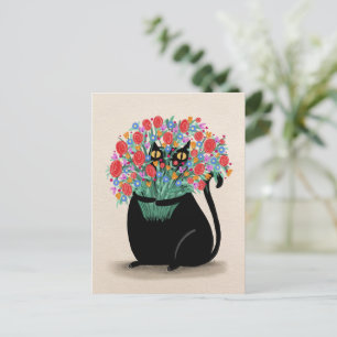 Zwarte kat & bloemen briefkaart