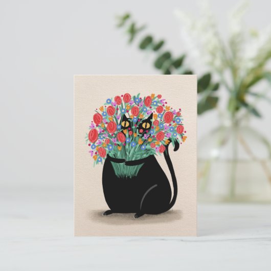 Zwarte kat & bloemen briefkaart (Staand voorkant)