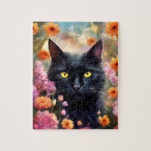Zwarte kat bloemen tuin kat 736 legpuzzel