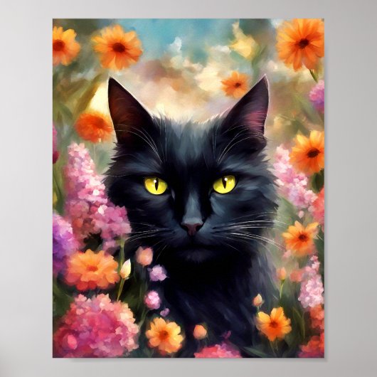 Zwarte kat bloemen tuin kat 736 poster (Voorkant)