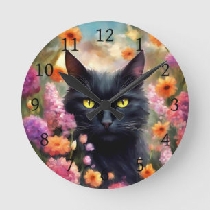 Zwarte kat bloemen tuin kat 736 ronde klok