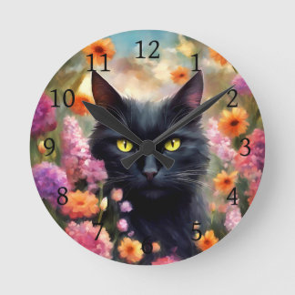 Zwarte kat bloemen tuin kat 736 ronde klok
